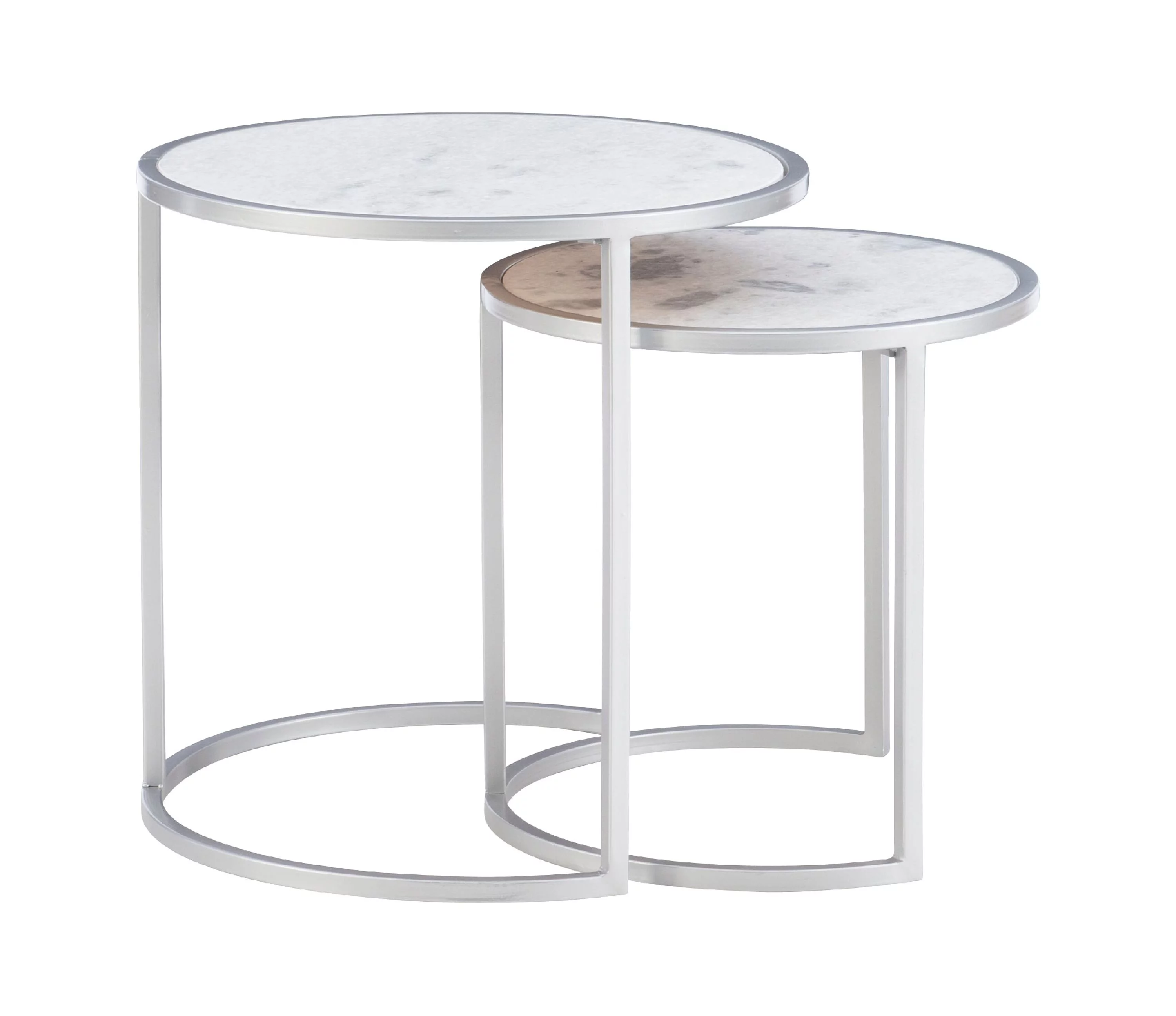 Heather Round Nesting Tables, Set of 2, Silver Metal Base with White Marble Tops