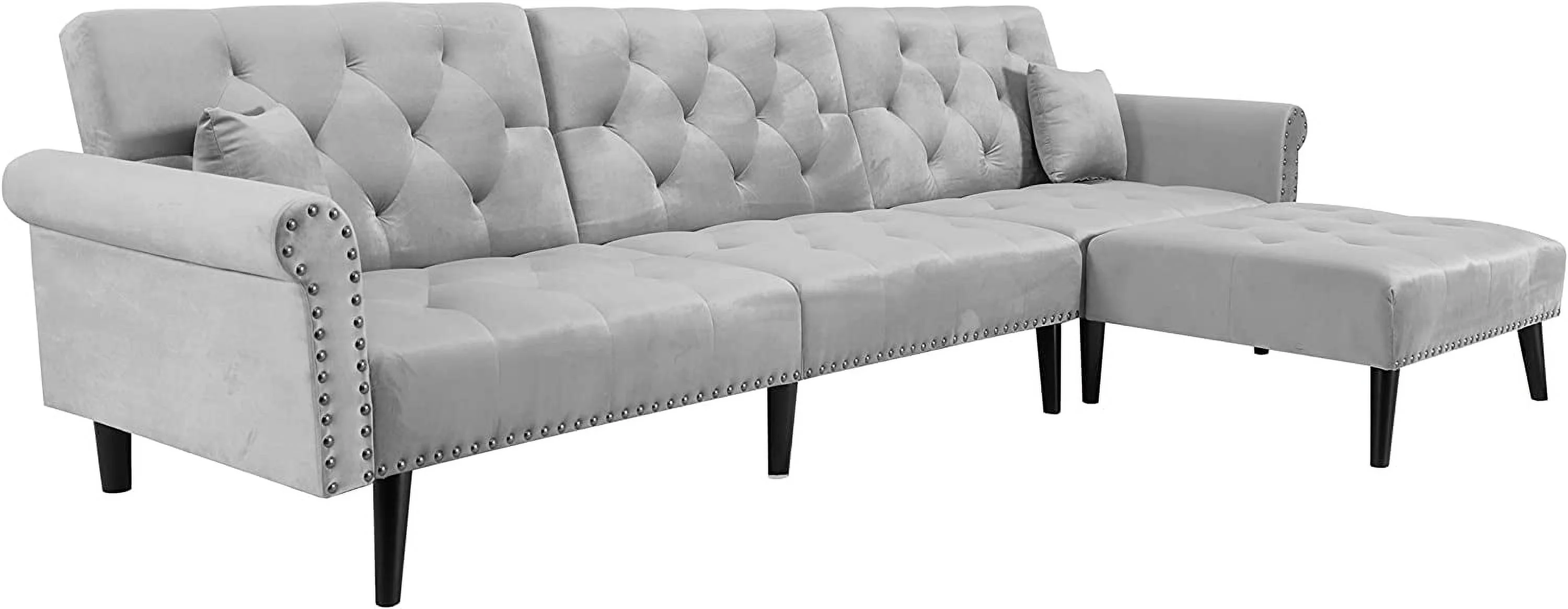 LCH Velvet Convertible Sleeper Sectional Sofa Bed Reversible L Shaped Button Tufted Couch Living Room Furniture Set with Chaise Lounge 2 Pillows  Light Grey