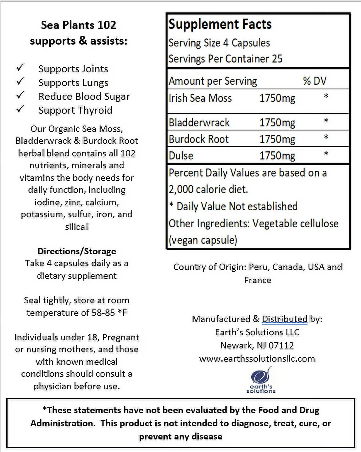 Sea Plants 102 Vegan Capsules (Irish Sea Moss Supplement)