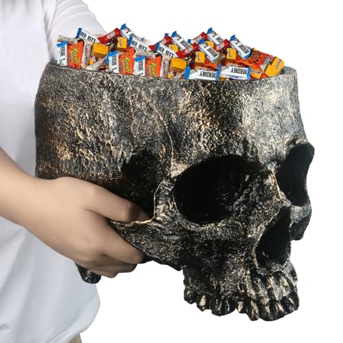 7lb Capacity Extra Large Halloween Skull Candy Dish - Deep Skull Head Halloween Candy Bowl Holder Artificial Resin Skulls Decor Indoor Outdoor Table Centerpieces Flower Pot Plant Office Pen Holder