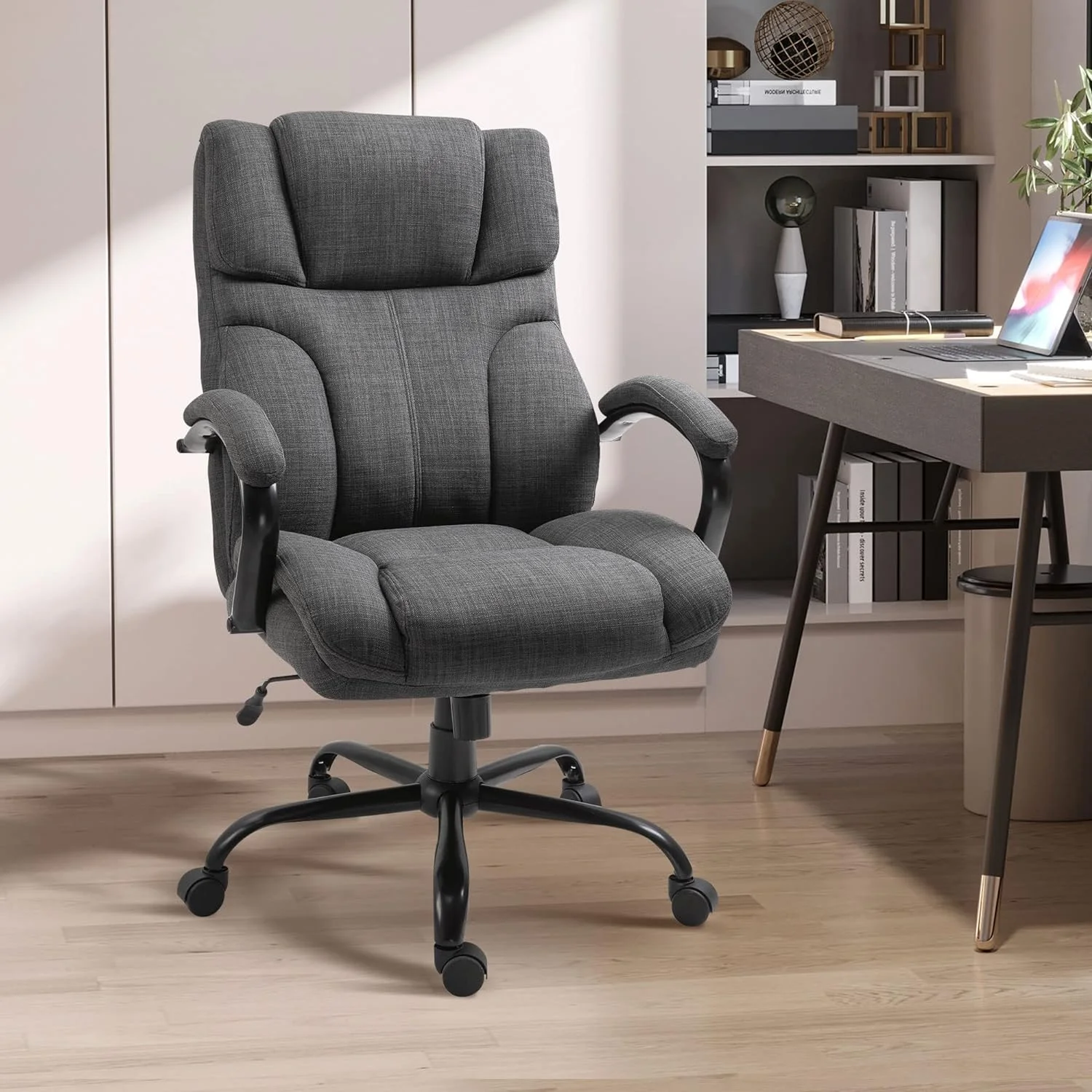 500Lbs Big And Tall Office Chair With Wide Seat, Ergonomic Executive Computer Chair With Adjustable Height, Swivel Wheels And Linen Finish, Dark Grey
