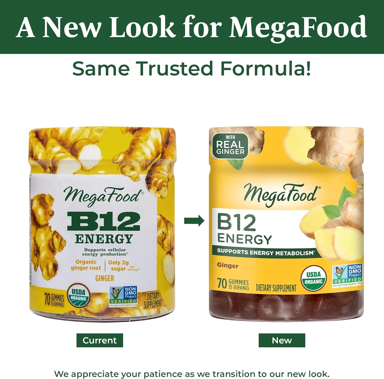 MegaFood B12 Energy Gummies Ginger - 70 Gummies Pack of 2