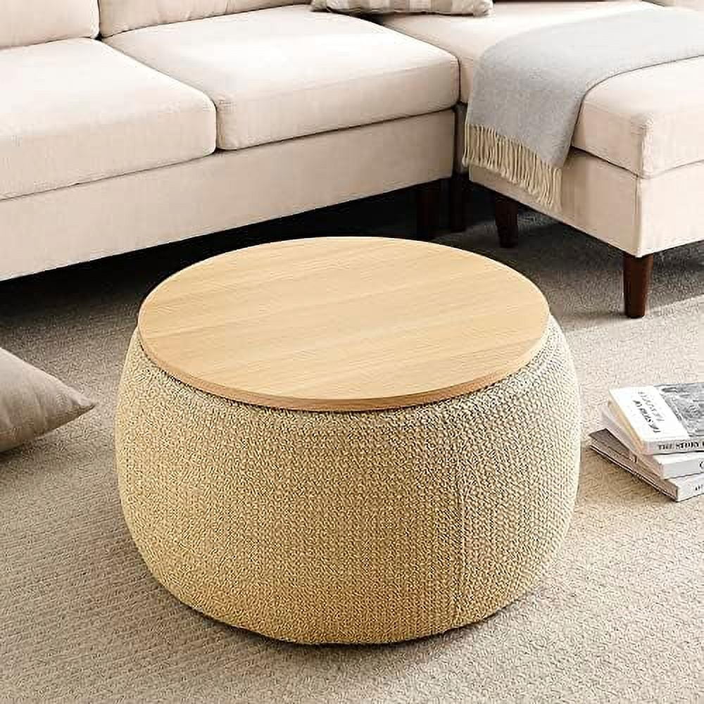 xrboomlife Round Ottoman with  for Living Room - Coffee Table  Foot   Footstool  End Table - with Reversible Lid Tray (Beige + Stool)