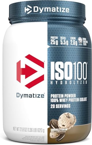 Dymatize ISO100 Whey Protein Powder Isolate, Cookies & Cream, 25g of Protein, 20 Servings, 5.5g BCAAs, Less Than 120 Cal., Gluten Free, 1g Fat, 1g Sugar, 2g Carb