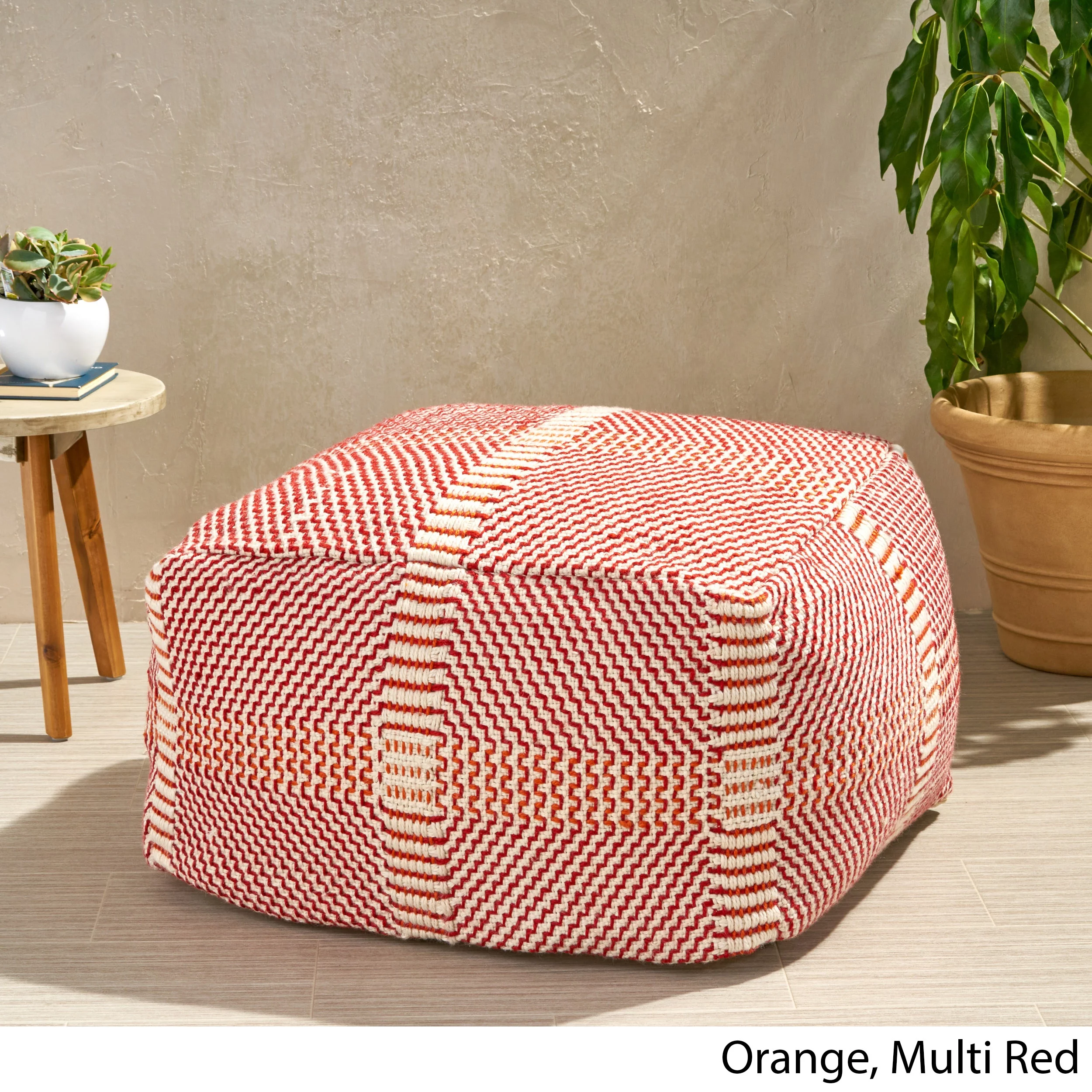 Dexter Bay Outdoor Boho Handcrafted Water Resistant Rectangular Ottoman Pouf, Red and Orange