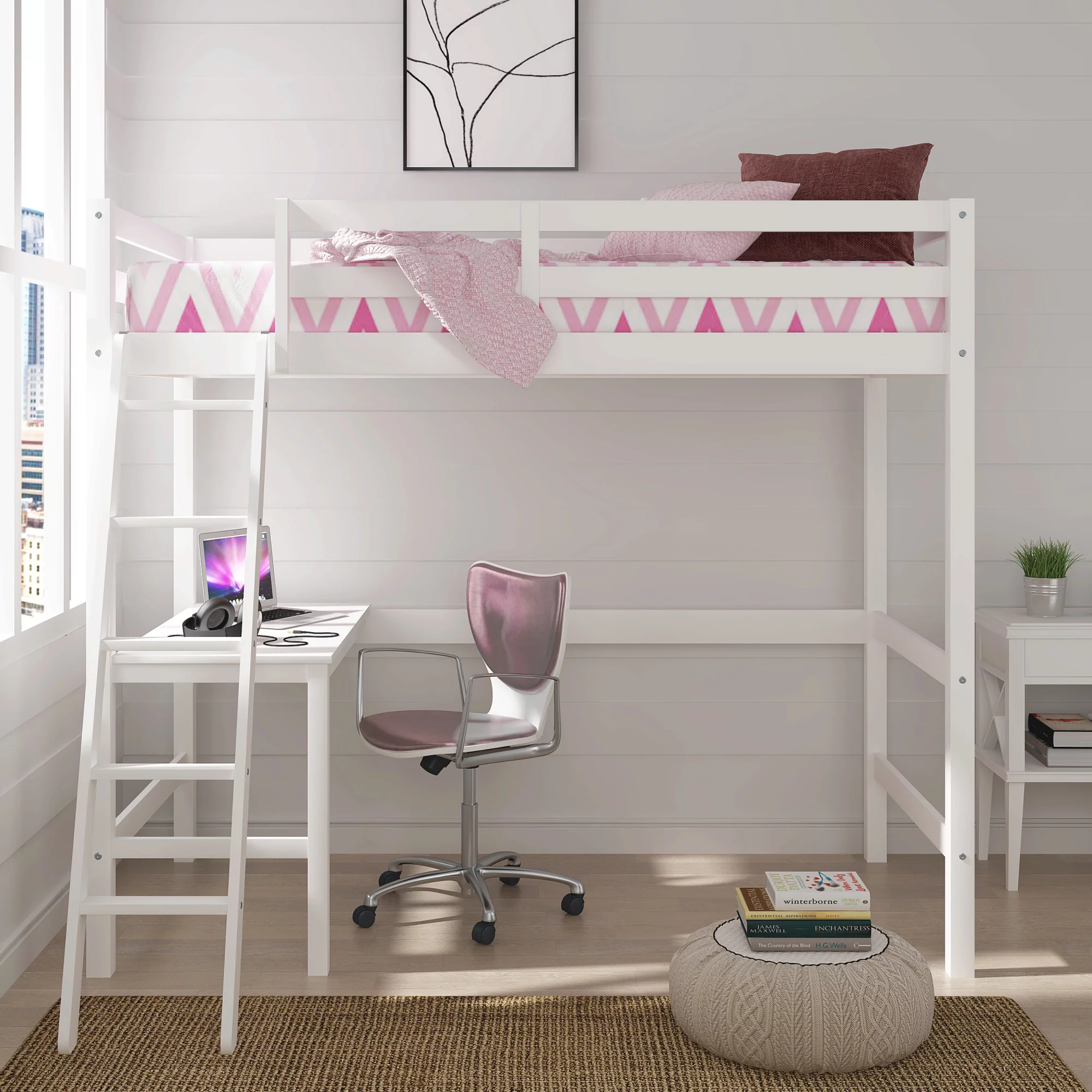 Hillsdale Campbell Wood Twin Loft Bunk Bed with Desk, White