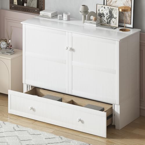 Mjkone Murphy Bed, Queen Cabinet Beds with Tri-fold Mattress and Built-in USB Charging Station/Drawer, Wooden Hidden Wall Cube Chest Guest Beds for Bedroom/Apartment - White