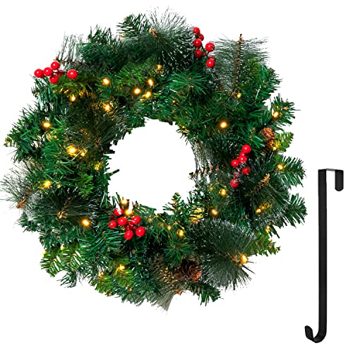 Joiedomi 20” Artificial Christmas Wreath Prelit with 15” Hanger, Decorated with 50 LED Lights, Red Berries, Pine Cones Glitter Pine Needles for Front Door Wall Christmas Decorations (Battery Operated)