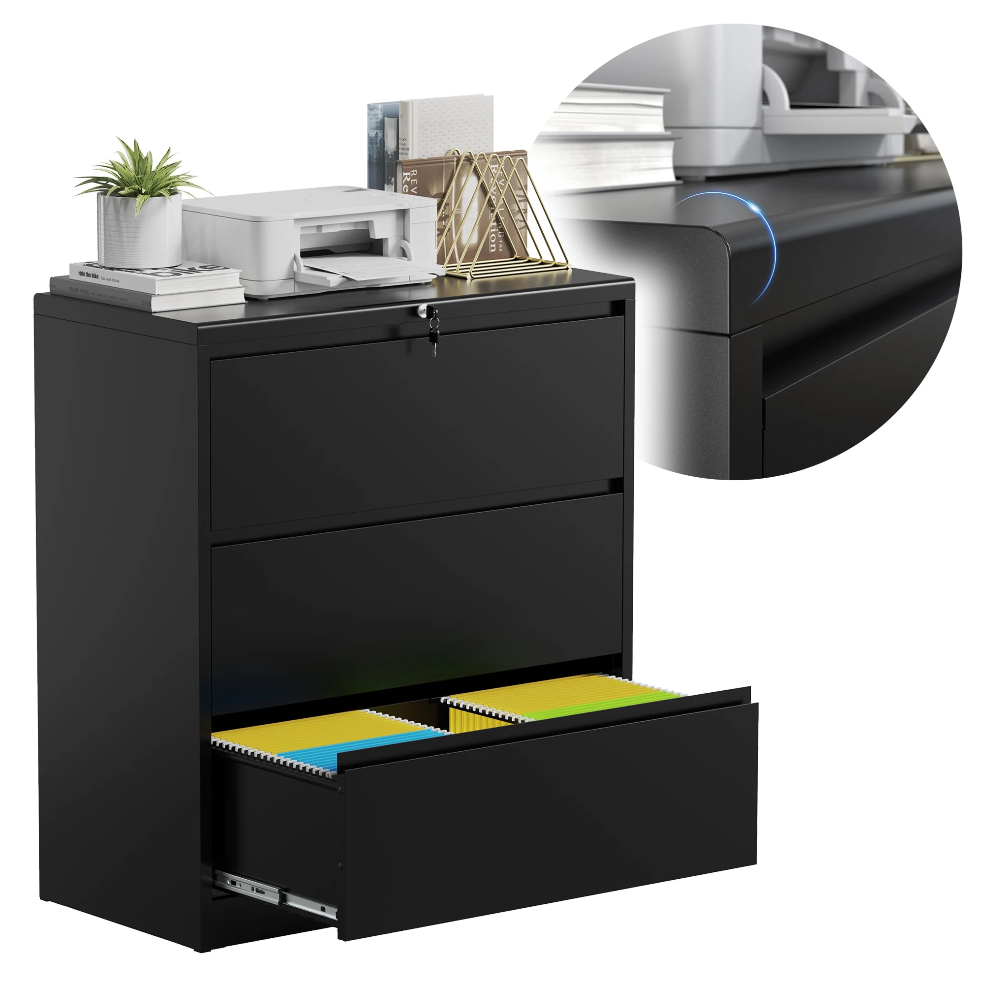 hiwalen 3 Drawer Metal Lateral File Cabinet With Lock For Home And Office,Steel Storage Filing Cabinet For Hanging Files Legal/Letter/A4/F4 Size ,Black