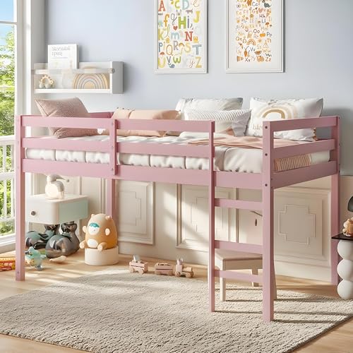 Twin Size Wooden Low Loft Bed with Guardrail and Ladder for Kids, Boys and Girls, No Box Spring Needed, White