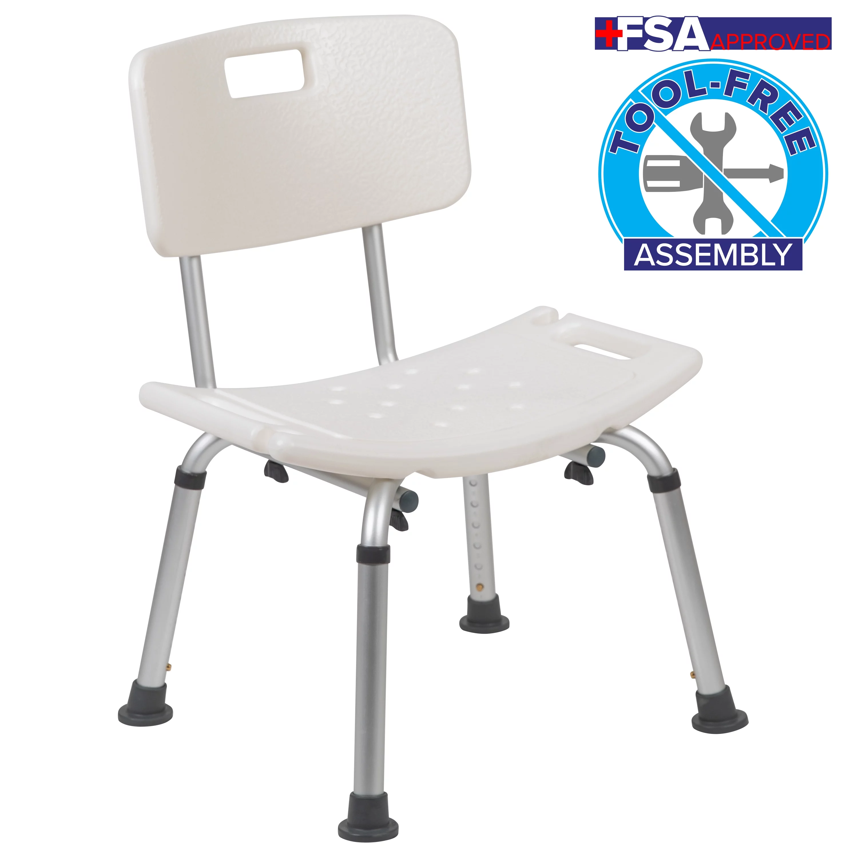 Emma + Oliver Tool-Free 300 Lb. Capacity, Adjustable White Bath & Shower Chair with Back