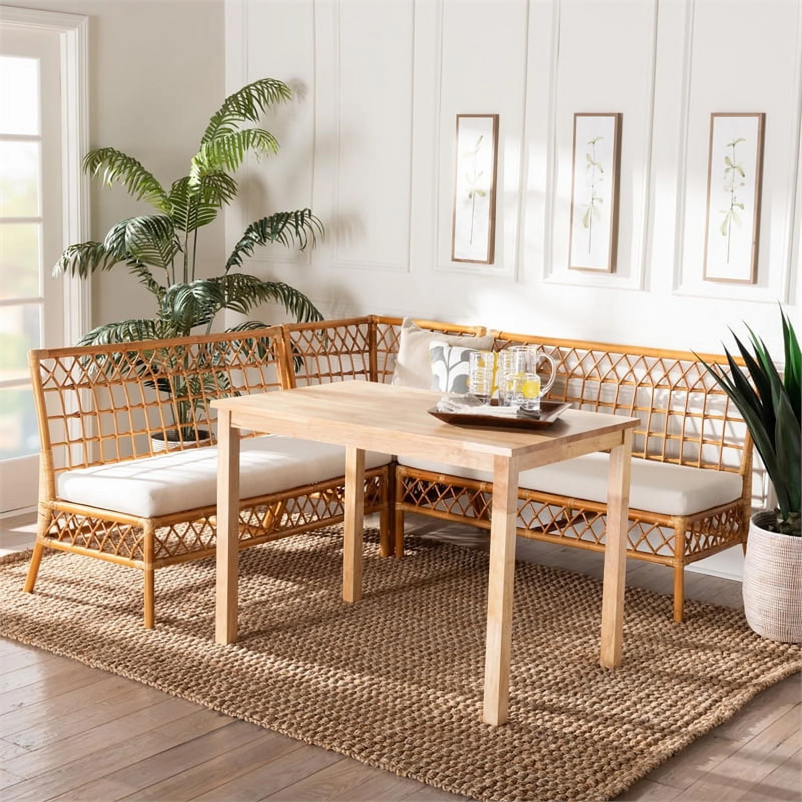 Pemberly Row Modern Bohemian Honey Rattan 4-Piece Dining Nook Set