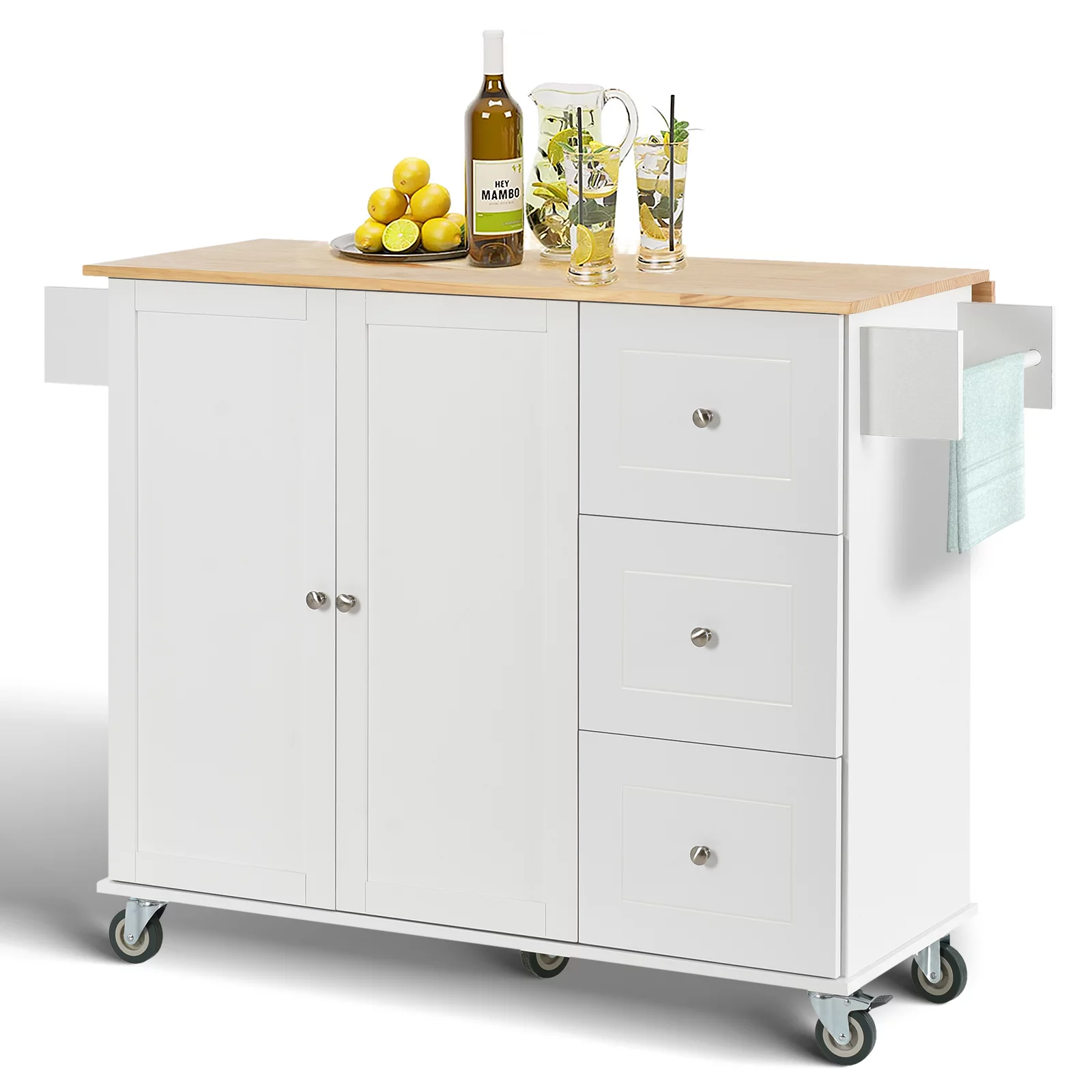 53 inch Portable Kitchen Island with Drop Leaf, Rolling Kitchen Island with Storage,White