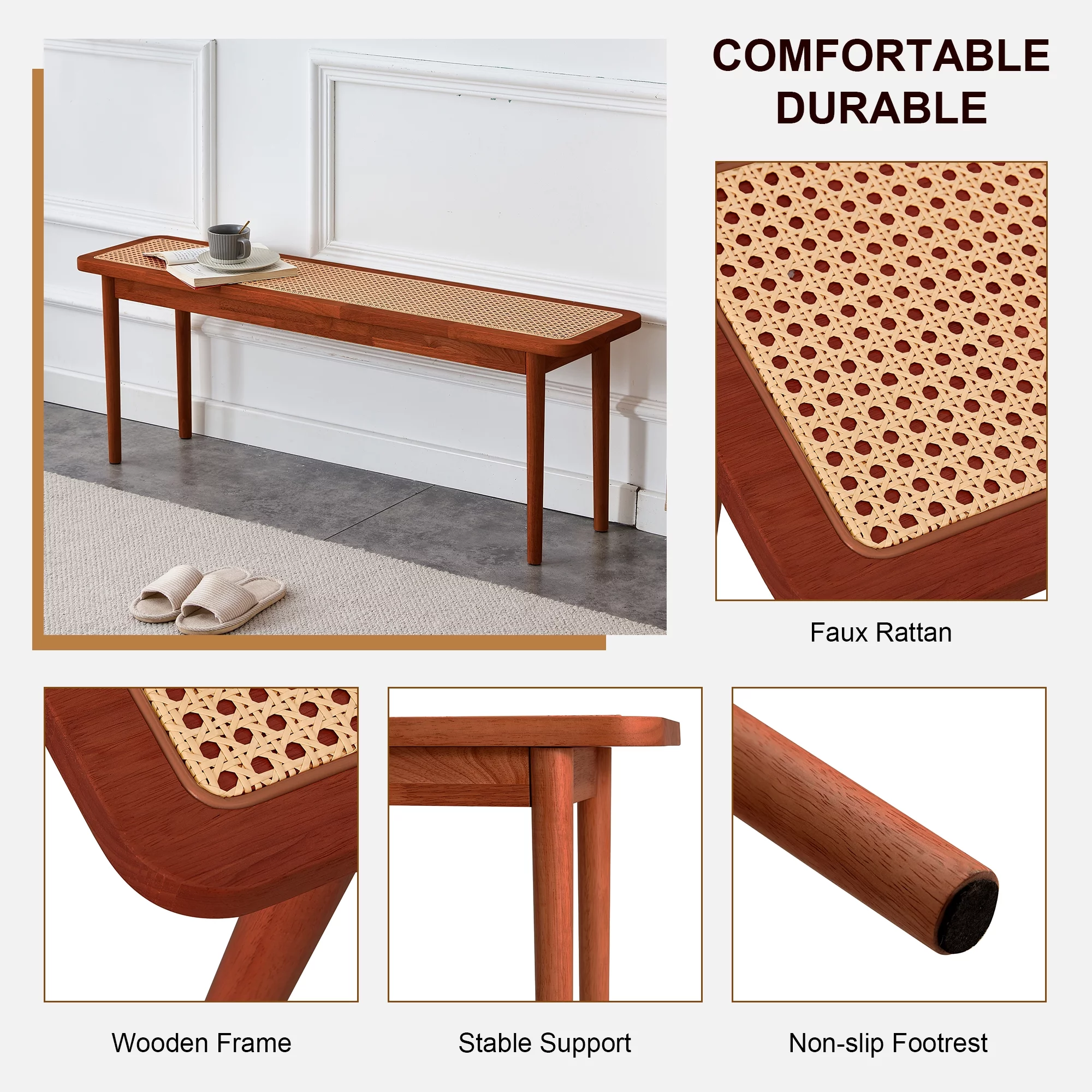 Ufurpie Solid Wood Bench with Rattan Woven,Dining Chair,Bed End Stool,Shoe Stool,Living Room,Dining Room,Hallway,Walnut