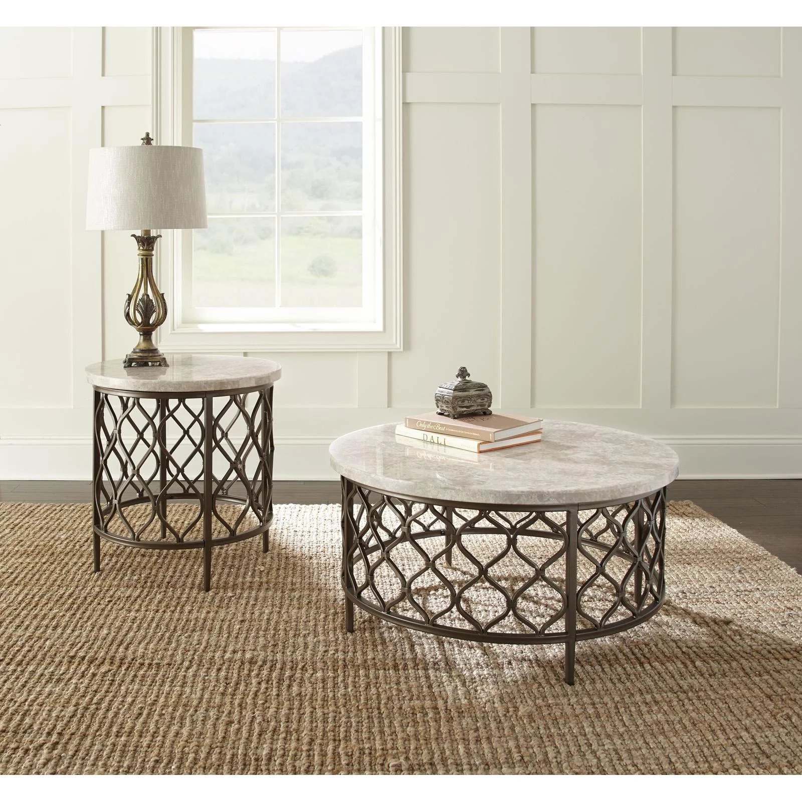 Steve Silver Co. Roland Round Metal Base Coffee Table with White Stone Top