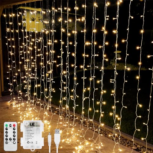 LE Fairy Curtain Lights Battery Operated & USB Plug in, Remote 10 x 10 ft Hanging String Lights for Bedroom Wall, 300 LED Indoor Outdoor Twinkle Lights for Wedding Party Backdrop Tent, Patio, Gazebo