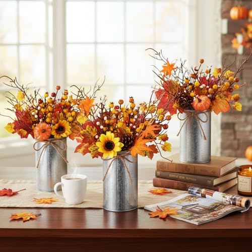 Zeyune 6 Sets Fall Thanksgiving Table Centerpiece Decoration Harvest Artificial Flower Stem Pumpkin Maple Berry Pick with Metal Pot for Autumn Rustic Farmhouse Home Kitchen Dining Indoor Decoration