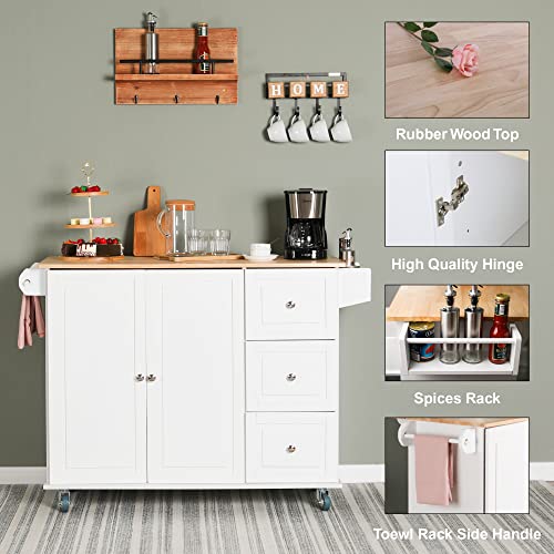 GREEN PARTY Kitchen Island on Wheels, Portable Rolling Kitchen Cart Storage Cabinet with Drop Leaf,Spice Rack, Towel Rack & Drawers-White