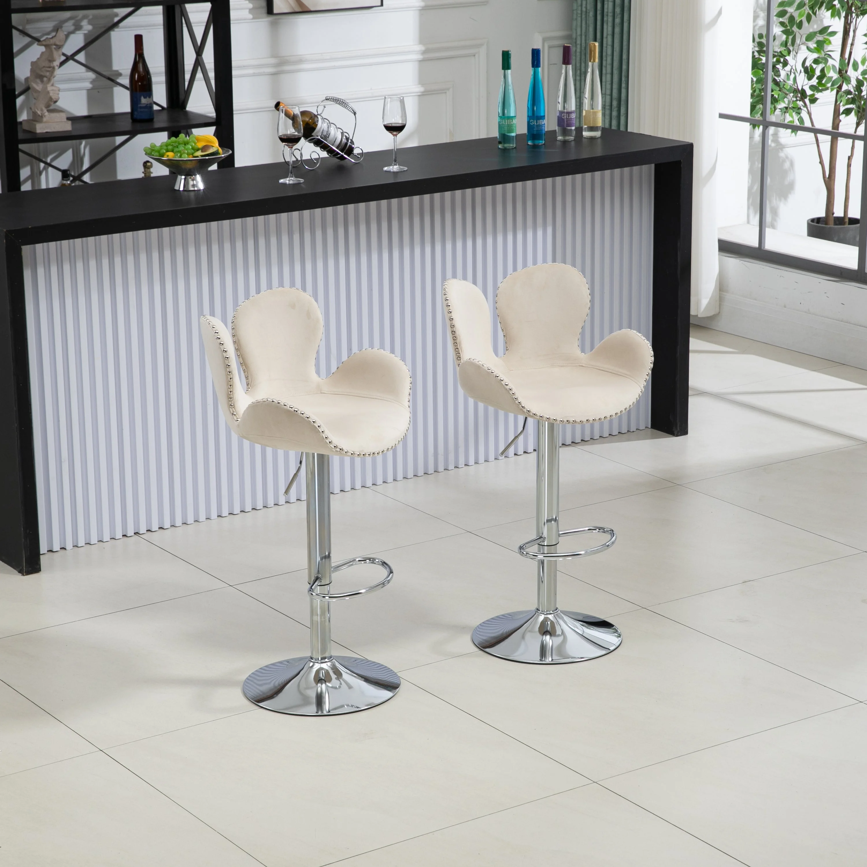 Clove Bar Stools with Back and Footrest  - Beige Set of 2