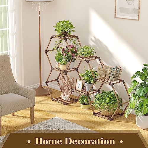 Tikea Plant Stand Indoor Hexagonal Plant Stand for Multiple Plants Indoor Outdoor Large Wooden Plant Shelf Creative DIY 6 Tiered Flowers Stand Rack for Living Room Balcony Patio Window