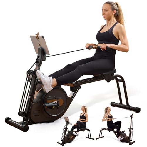 3 in 1 Rowing Machine, Dual Slide Rail 6-Level Adjustable Height with Max 350lb Weight Capacity, Home Fitness Rower for Full Body Workout, App Compatible