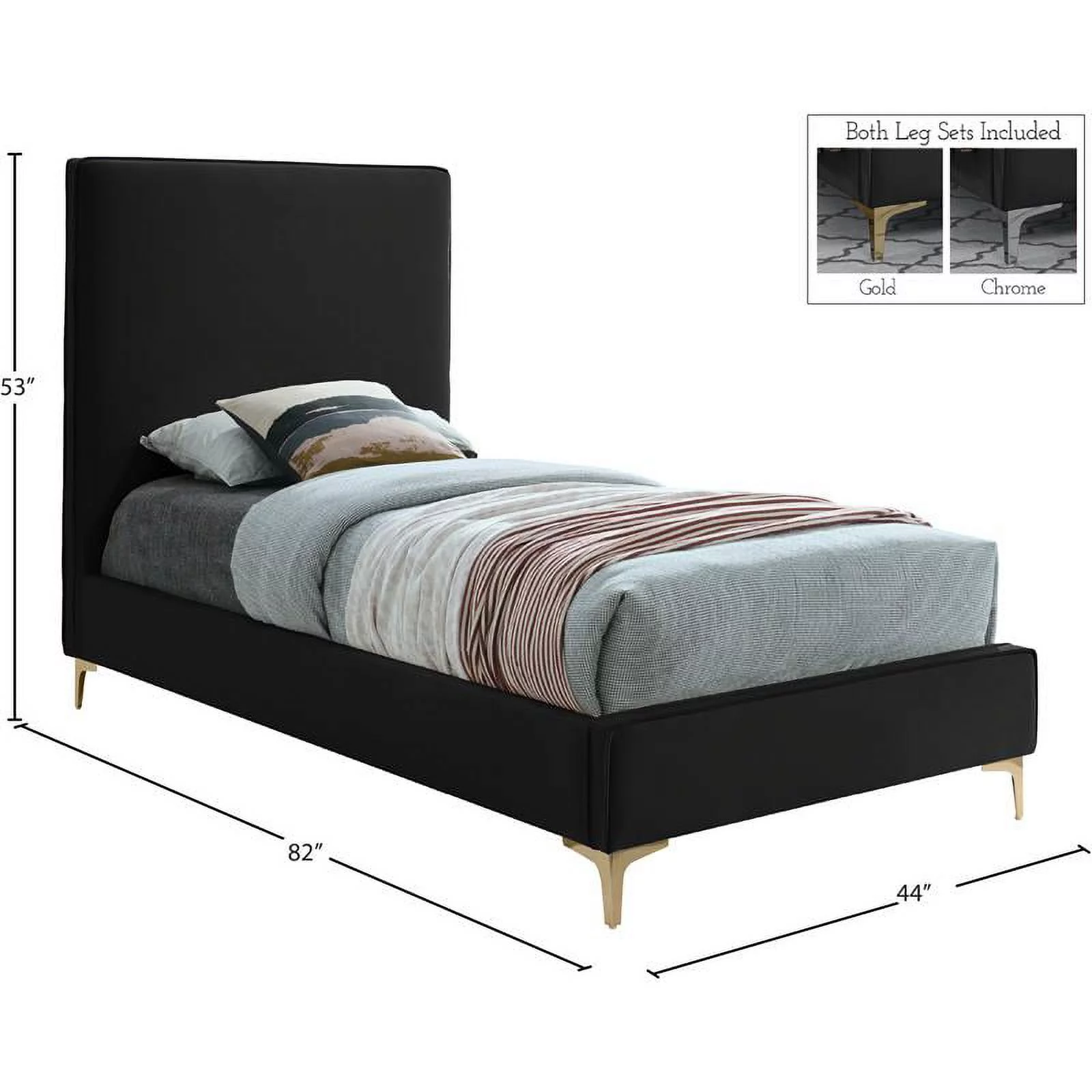 Meridian Furniture Geri Black Velvet Twin Bed with Gold and Chrome Legs Included
