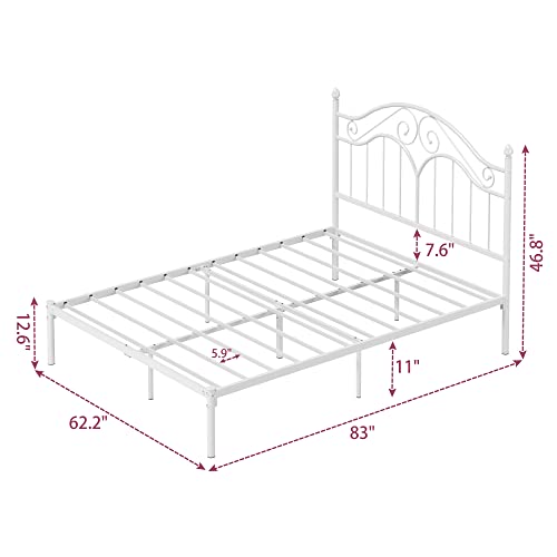 Elephance Full Size Metal Bed Frame with Vintage Headboard,11 Inches Storage Space Platform Bed No Box Spring Needed Easy Assembly,White