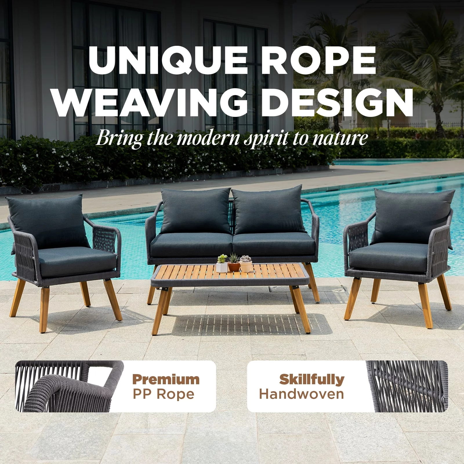 Aile Serene Wood Wicker Patio Conversation Set of 4, Thick Soft Cushions (Obsidian)