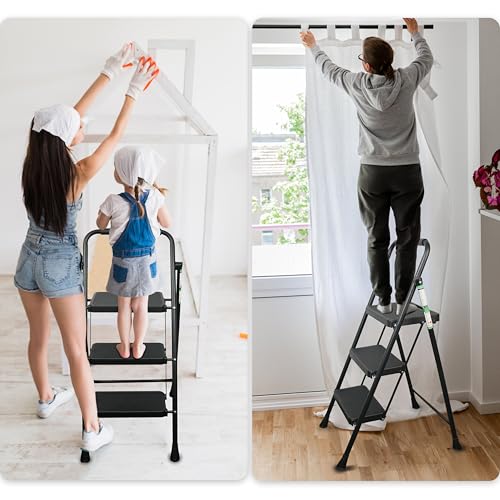 3 Step Ladder, Protable Steel Folding Stool with Wide Anti-Slip Pedal, 500lbs Sturdy Steel Ladder, Black