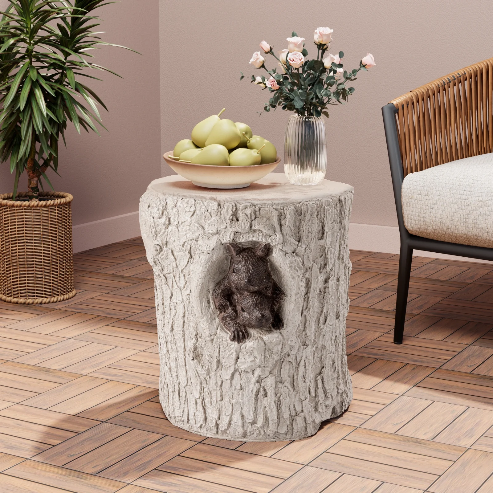 COSIEST Outdoor Hand-Painted Wood Stump Stool w Sculpted Squirrel