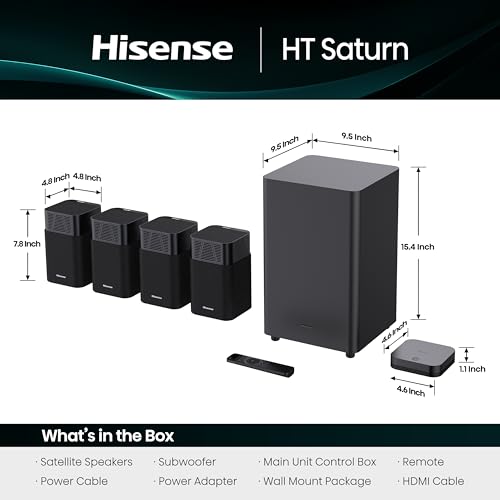Hisense HT Saturn 4.1.2Ch Sound Bar with Wireless Subwoofer, Dolby Atmos, DTS:X, Bluetooth 5.3, EzPlay, 4K HDMI Pass Through, Roku TV Ready, HDMI/AUX/ARC/Optical/USB, 5 EQ Modes, Hi Concerto