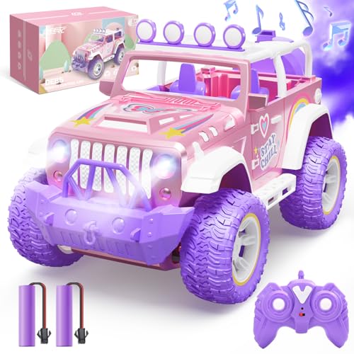 DEERC Remote Control Car with Fog Mist & Music, 1:16 Remote Control Truck for Boys, 2.4Ghz RC Car Toy with 2 Batteries, All Terrain SUV Gifts Crawler with Trailer Hitch