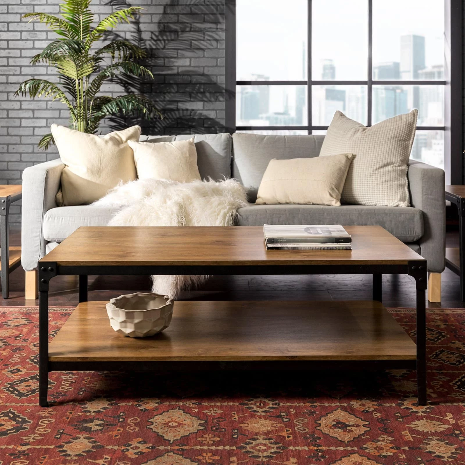 Angle Iron Rustic Metal and Wood Coffee Table in Gray Wash
