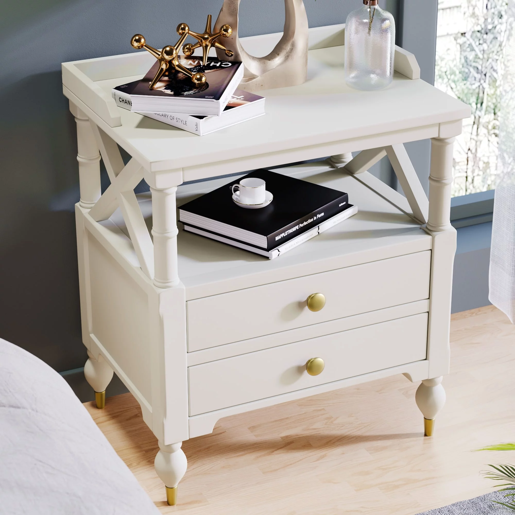 Siavonce Modern 2 Drawer Nightstand End Table Cherry