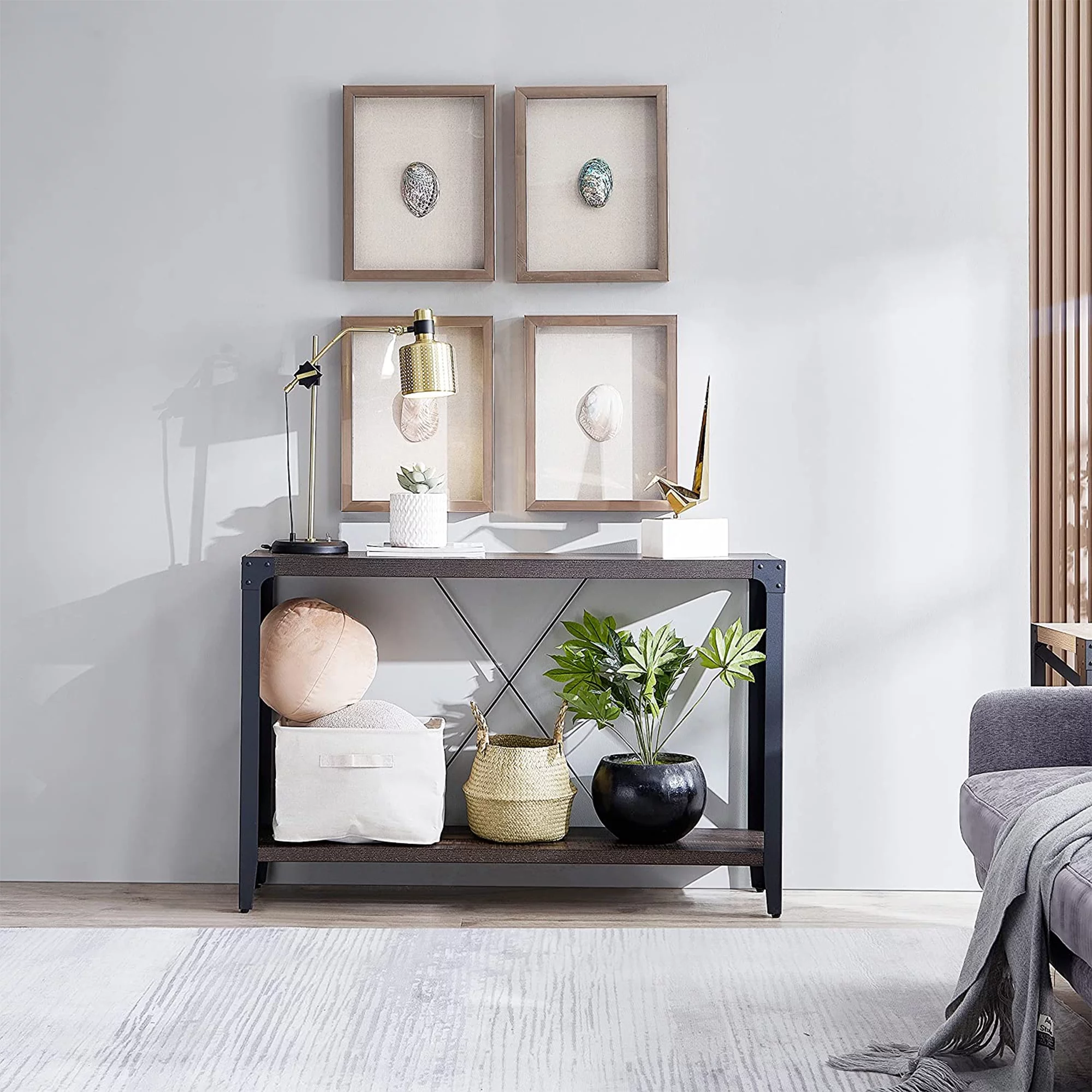 OKD 46 Inch 2-Tier Console Hallway Entryway Accent Table, Dark Rustic Oak