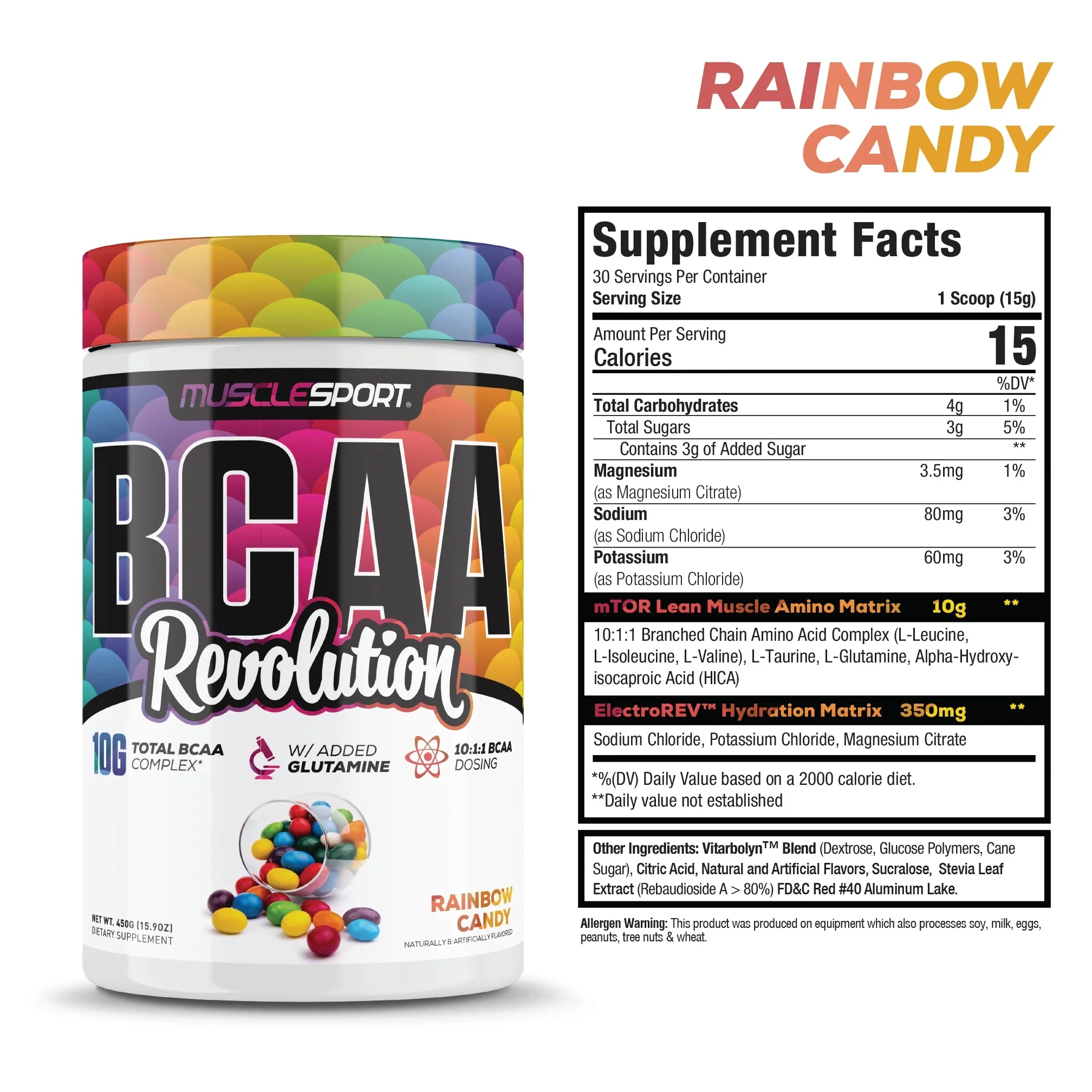 MuscleSport BCAA Revolution™, Intra-Workout, Amino Acid Powder, Electrolyte Hydration, Recovery Supplement (Rainbow Candy, 30 Servings)