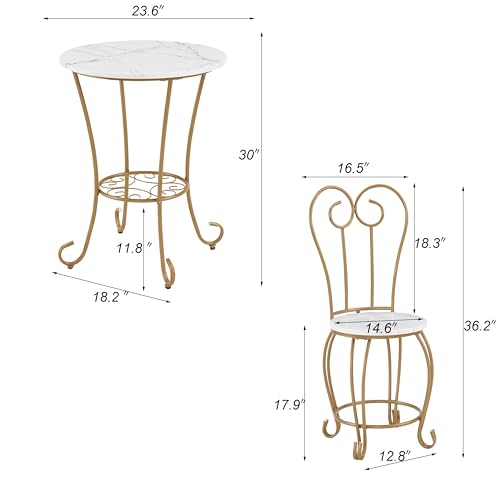 JOIN IRON 2-Piece Bistro Dining Set for Indoor Use, Marble-Look Tabletop with Gold Metal Frame, Vintage French Café Style Round Table and Chairs for Kitchen, Breakfast Nook, Small Apartment