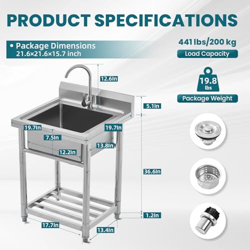 Utility Sink Stainless Steel Free Standing Single Bowl Laundry Outdoor Commercial Kitchen Sink with Cold Hot Pipe for Bar, Garage, Restaurant, Kitchen, Laundry Room, Outdoor, 20