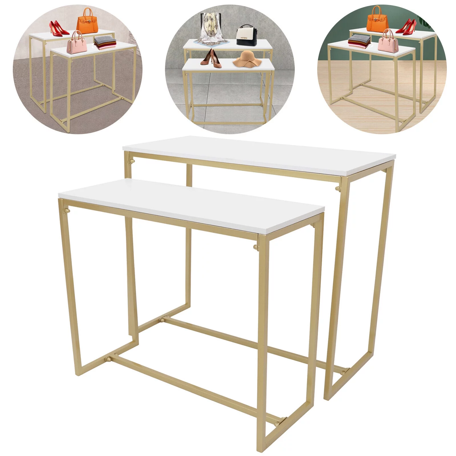 Miumaeov Shoe Handbag Display Stand 2 Piece Set Metal Nesting Tables Imitation Marble Display Tables Gold Display Riser Shelf for Retail Store
