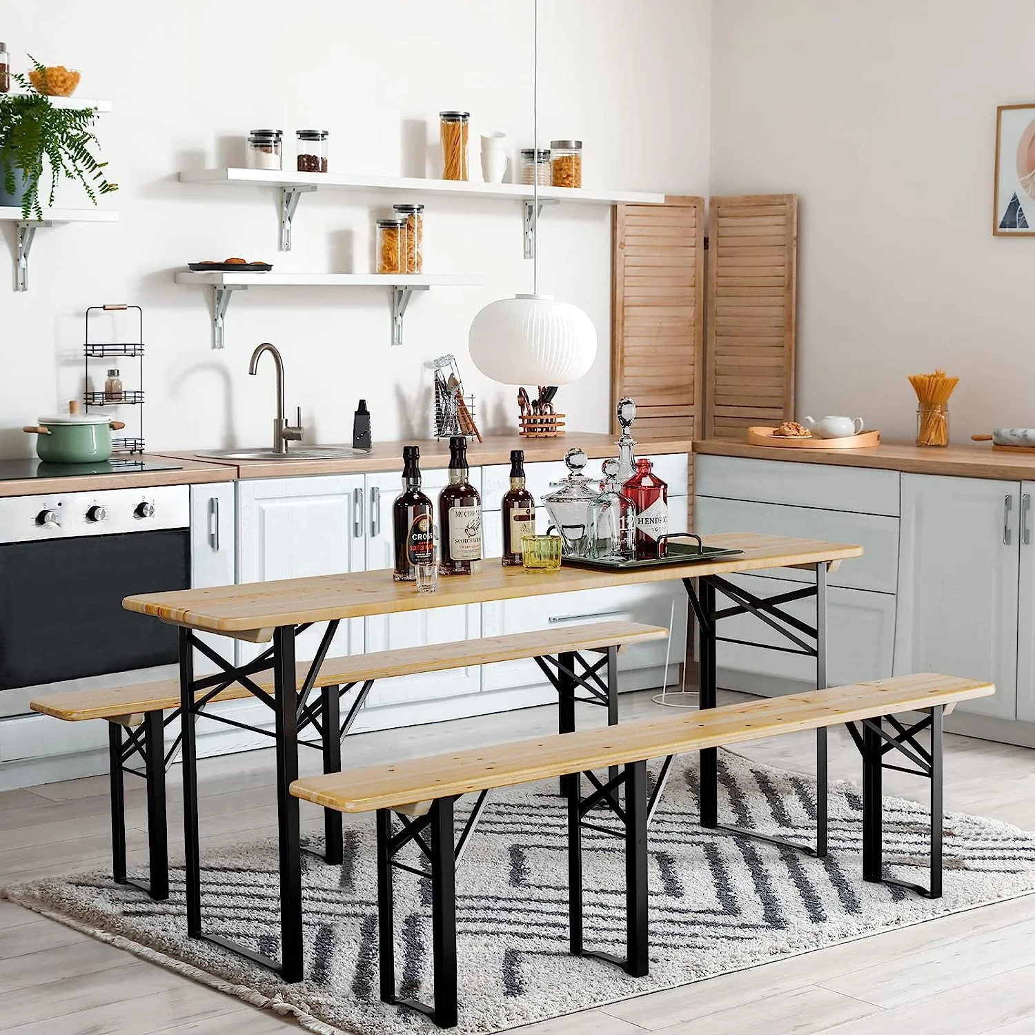 YOJFOTOOU. Folding Picnic Tables with Benches Set, Weather-Resistant Wooden Beer Garden Table Bench, 3-Piece Portable Fold Up Camping BBQ Table w/Carrying Handles