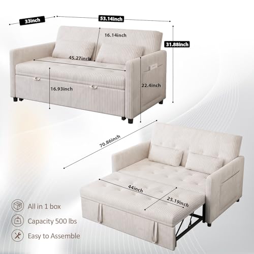 Sofa Bed, Loveseat 3-in-1 Sleeper Sofa with Pull Out Bed, Pockets and USB, Modern 2 Seater Convertible Small Couch for Living Room Bedroom Apartment (Beige, Corduroy)