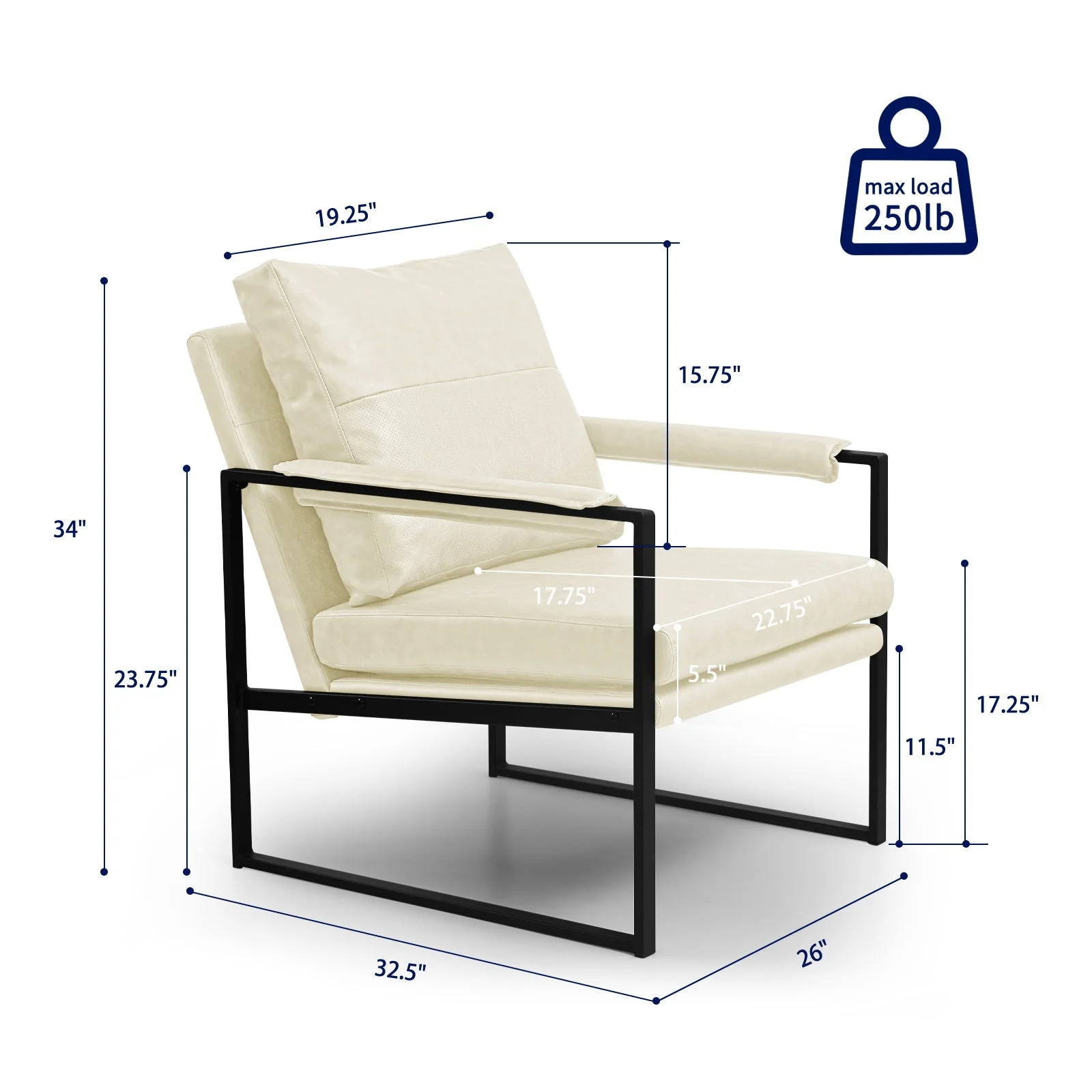 Subrtex Metal Frame Accent Chair Faux Leather (1 Pack, White)