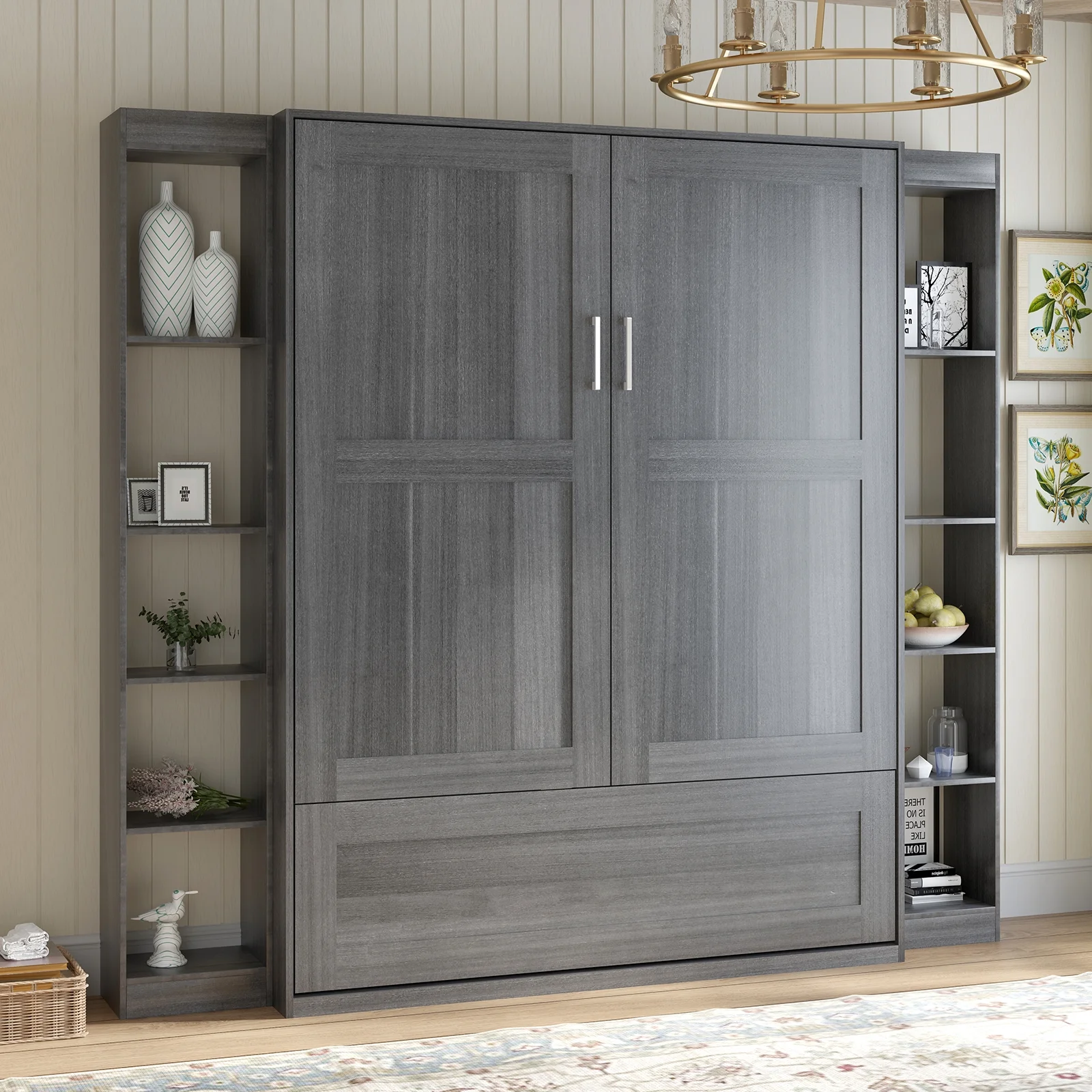 MUZZ Foldable Murphy Bed with 2 Sides Cabinet, Folding Wall Bed with Space Saving Design, Fold up Murphy Bed Cabinet for Storage, Multipurpose Cabinet Bed for Bedroom/Apartment (Style6+2,Dark Grey)