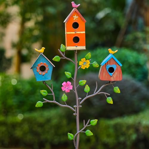 Multi-Bird Houses for Outside with Pole, Durable Colorful Birdhouse on Stake, Easy Clear, Metal Bird Houses for Outside