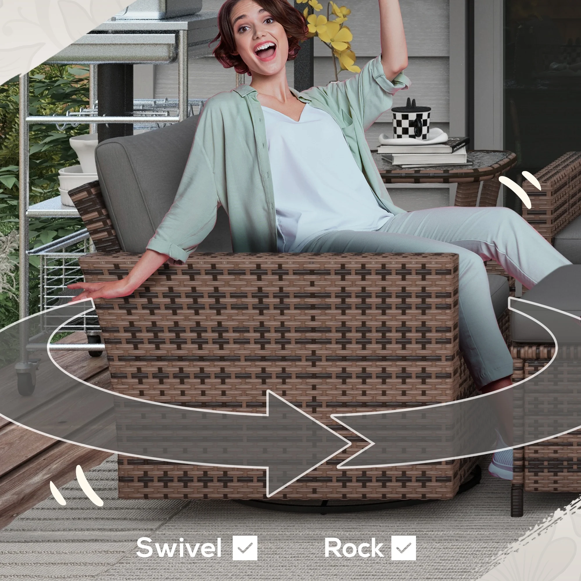 Outsunny 6pc Patio Furniture Set with Couch, Swivel Rocking Chairs, Brown