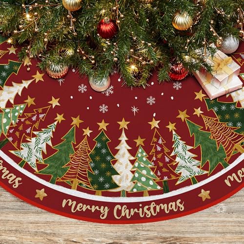 Merry Christmas Tree Skirt 36 Inches, Red Backgrond with Trees Pencil Tree Skirt, Winter Xmas Tree Mat for Home Party Holiday Decorations