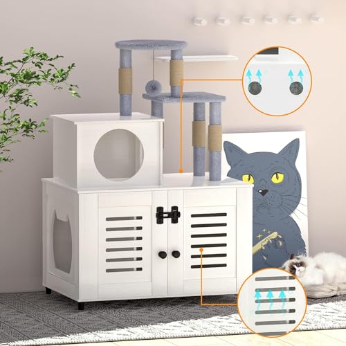 White All-in-one Cat Cabinet with Litter Box Enclosure, Scratching Post, Soft Plush Perch and Divider