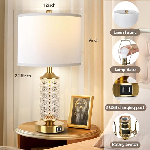 QiMH Set of 2 Table Lamps with USB Ports, Modern Bedside Lamp with LED Night Light for Bedroom, Nightstand Lamps for Living Room Office (Gold)(2 Bulbs Include)