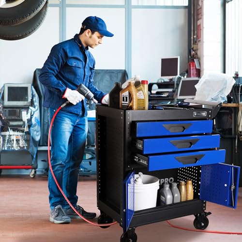 WORKPRO 27.5 Inch 3-Drawer Rolling Tool Chest with Wheels, Portable Steel Tool Cabinets with Drawers, Liners and Locking System for Warehouse, Garage, Black and Blue