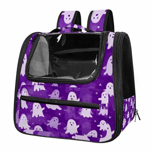 Cat Carrier Backpack for Small/Medium Pets, Breathable Mesh Pet Backpack Travel Puppy Carry for Camping Outdoor - Halloween Hat Witch Bats Stars Night Purple Background